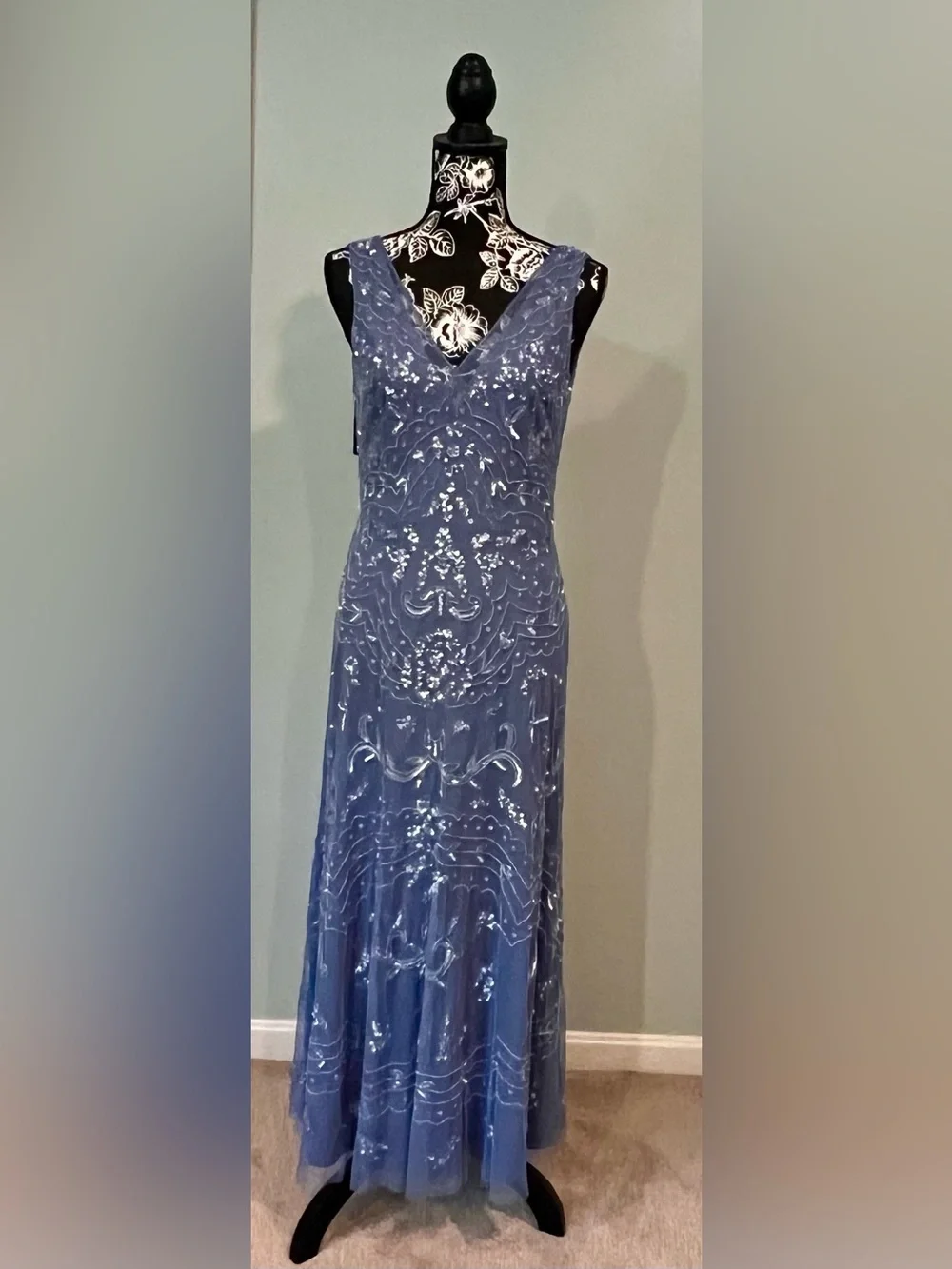 Adrianna Papell Dusty Blue V-Neck Embellished Maxi Dress - WORN ONCE- PERFECT